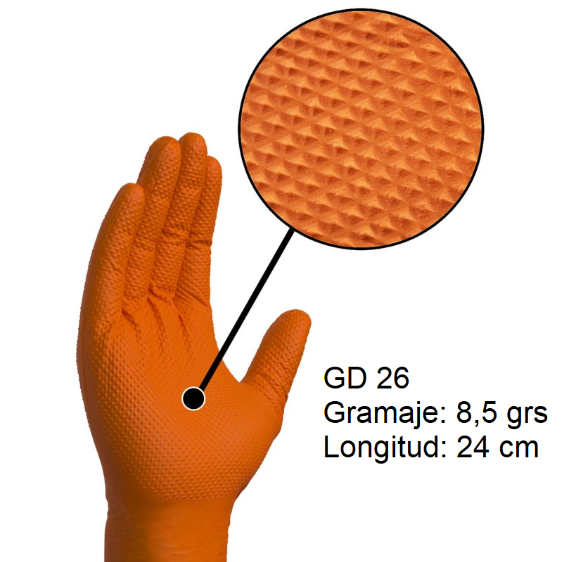 Guante de nitrilo NARANJA sin polvo EXTRA fuerte y gofrado.en caja 50 u