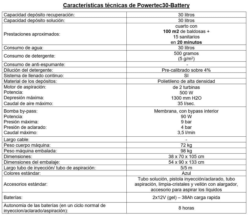 Powertec30 Batería. Máquina con pulverización detergente,aclarado y aspiracion para limpieza de sanitarios y suelos